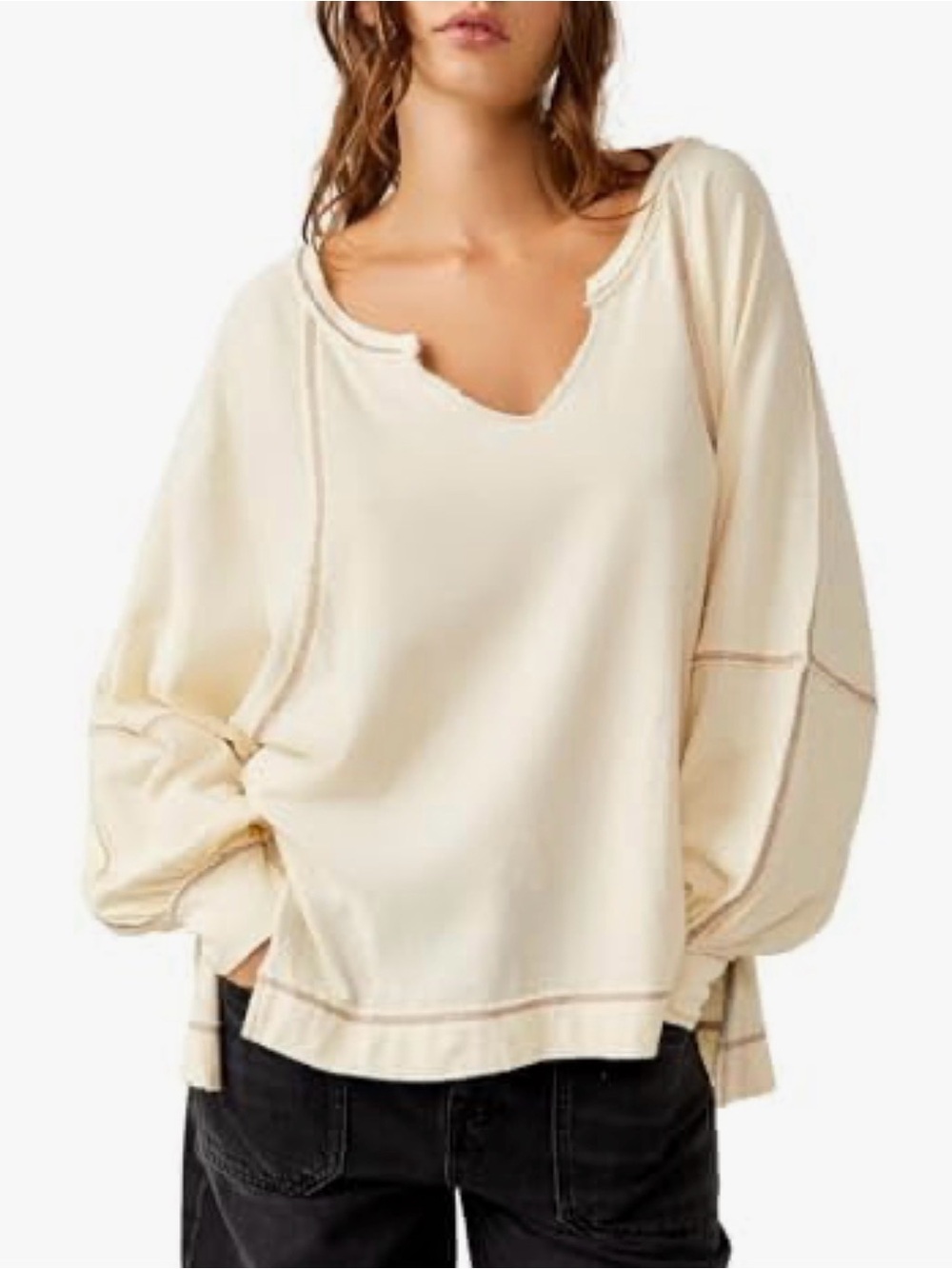 Free People We The Free Relaxed Cream V‑Neck Long‑Sleeve Top Small